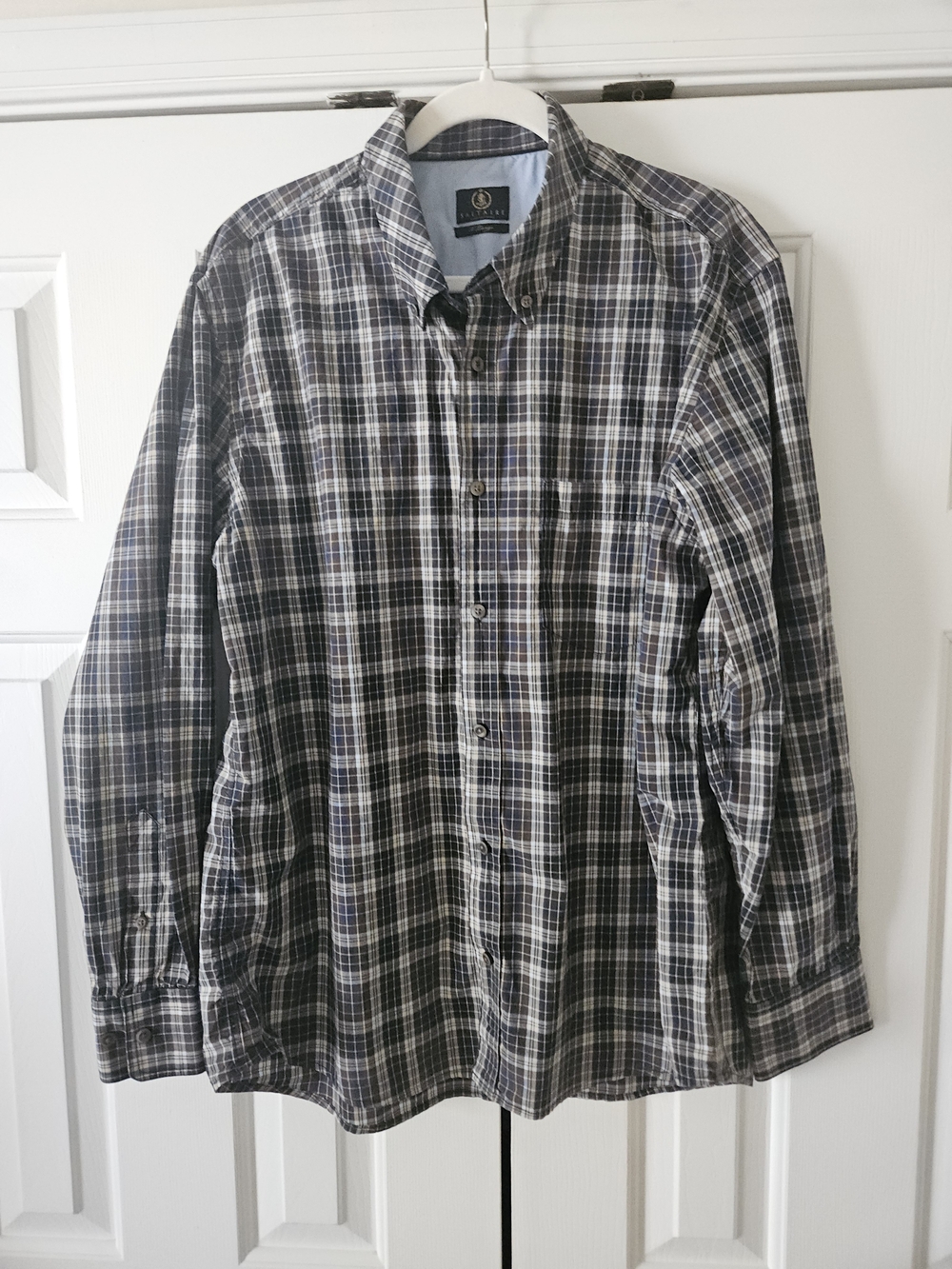 Saltaire Men's L Regular Blue Brown White Plaid Cotton Button-Down Shirt Pockets